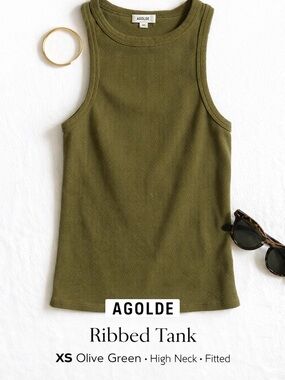 AGOLDE Ribbed Tank XS Olive Green High Neck Fitted Minimalist Capsule Basic